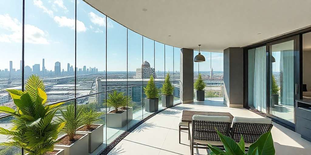 Imagen de una terraza con cortinas de cristal